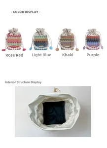 Détail des couleurs et structure interne du sac seau tissé avec poignée perle