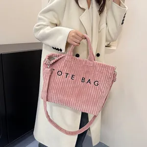 Sac Fourre-tout en Velours Côtelé de Grande Capacité pour Femmes Lettre Brodée Sac à Bandoulière Mode Sac à Main Décontracté