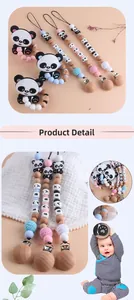 Detail of baby pacifier clip with panda silicone beads and beech wood teething ring