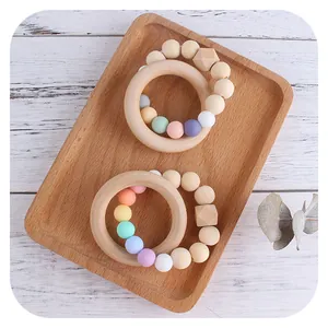 Beißring-Set aus Naturholz und Macaron-Silikonperlen zur Linderung beim Zahnen