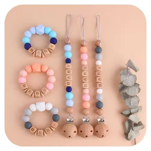 Silikon Buchenholz Baby Schnullerkette Und Beißring Armband Set Mit Baby Buchstaben Perlen Lebensmittelqualität Beißspielzeug