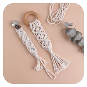 Handgewebtes Baumwollseil Schnullerkette Und Buchenholz Beißring Set Boho Baby Beruhigungskette Für Neugeborene Kleinkinder