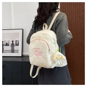Dettaglio dello zaino in peluche beige con ricamo a cuore rosa e ciondolo a fungo