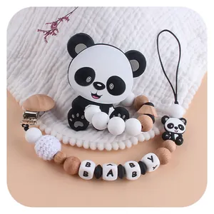 Baby Panda Silicone Teether And Beech Wood Pacifier Clip With Alphabet Beads Handmade Infant Soothing Molar Accessory