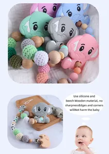 Detail of baby elephant silicone teether with natural beech wood beads and clip