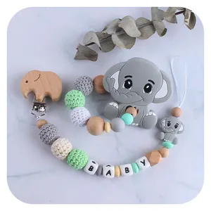 Baby Beech Wood Elephant Teether And Silicone Pacifier Clip Chain BPA Free Crochet Beads Infant Soothing Oral Toy Gift