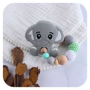 Baby Teether Bracelet Silicone Elephant Teething Toy With Beech Wood Crochet Beads Soothing Molar Ring For Infants Newborns Gift