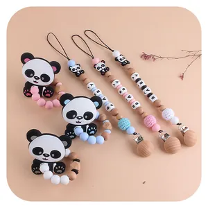 Silicone panda baby pacifier clip set with wooden beech beads and baby letter cubes