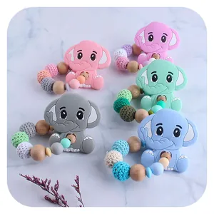 Silicone elephant baby teether with wooden crochet beads rings in five pastel colors