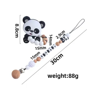 Beech wood panda baby teether with personalized silicone pacifier clip chain