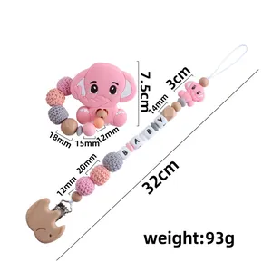 Pink silicone elephant teether and wooden pacifier chain set for babies with beads