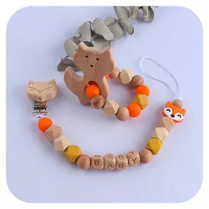 Anneau de Dentition Renard en Bois de Hêtre Et Attache Sucette en Silicone Avec Perles Lettres Jouet Apaisant Pour Bébé Montessori