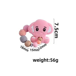 Pink silicone elephant baby teether ring with crochet beads and natural beech wood beads