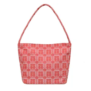 Chinese wedding tote bag in red and pink grid pattern with Double Happiness xi characters