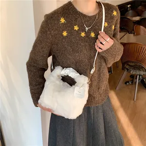 Winter Fashion Women Plush Faux Fur Handbag Soft Shoulder Crossbody Bag With Pleated Handle Casual Daily Use Trendy Bags