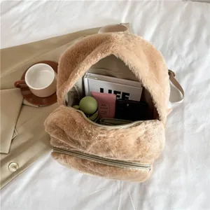 Plush caramel winter backpack for women with large capacity holding daily essentials