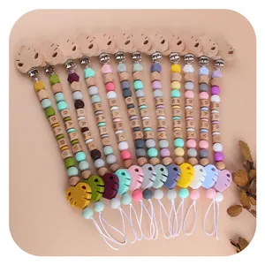 Custom silicone and beech wood baby pacifier clip chain with leaf charm and beads