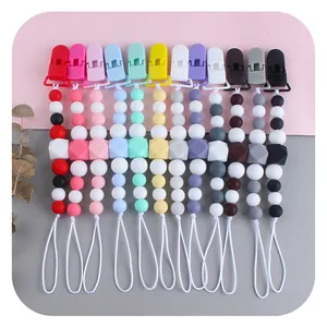 Set of 12 silicone pacifier clips with colorful beads and plastic buckles for infants