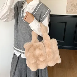 Women's Casual Faux Fur Plush Tote Bag Soft Bubble Quilted Large Capacity Handbag Winter Warm Shoulder Bag Handheld Bag