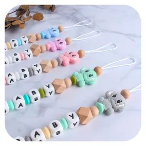 DIY silicone and beech wood elephant pacifier clip with colorful beads and BABY letters