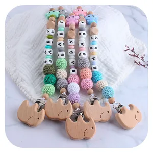 DIY beech wood elephant pacifier clips with colorful silicone beads and BABY letter charms