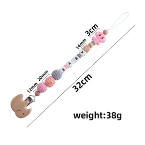 DIY beech wood elephant pacifier clip with silicone beads and pink teething toy pendant
