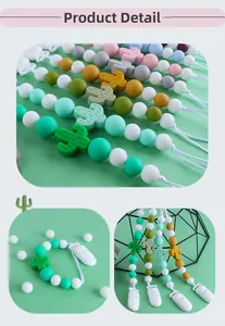 Détail d'attache-sucette en silicone cactus montrant diverses couleurs et le clip