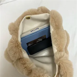 Fuzzy faux fur tote bag in beige with large capacity and magnetic snap closure