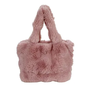 Fuzzy pink plush tote bag for women featuring a soft faux fur texture and large capacity