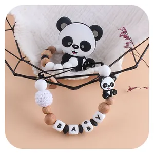 Anneau de dentition panda en silicone avec perles en bois et cubes alphabet sur attache