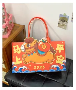 Sac fourre-tout rouge 2026 avec motif de cheval mignon, pomme chanceuse et vagues