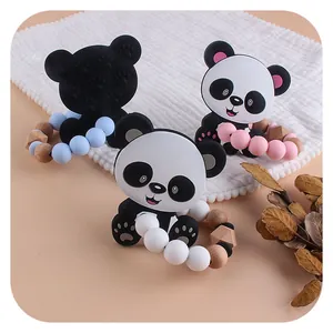 Anneau de dentition panda en silicone avec perles colorées et anneaux en bois doux