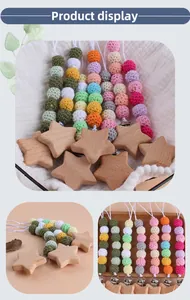 Detail of DIY beechwood star pacifier clip with colorful hand-woven crochet beads