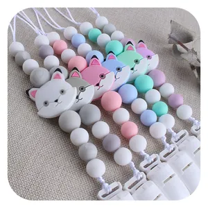 Macaron silicone baby pacifier clips with cute cat bead and secure plastic duckbill clamp