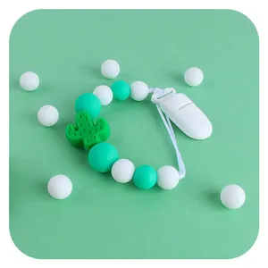 Attache-tétine en silicone avec pendentif cactus vert et perles de dentition menthe