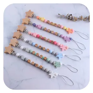 Baby Pacifier Clip Silicone Teething Beads Beech Wood Star Pacifier Chain Anti-Drop Dummy Holder For Infants Newborn Gift
