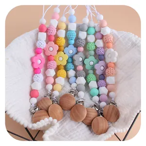 Baby Pacifier Clip Silicone Rose Flower Beads Beech Wood Anti-Drop Chain For Toddler Infant Soothing Teether Holder Leash