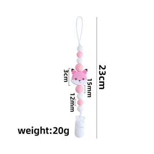 Pink and white silicone baby pacifier clip with fox charm and specific dimensions