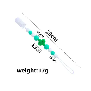 Attache-tétine pour bébé avec pendentif cactus en silicone vert et perles menthe