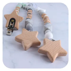 DIY beech wood star pacifier clip with silicone beads and personalized wooden letters
