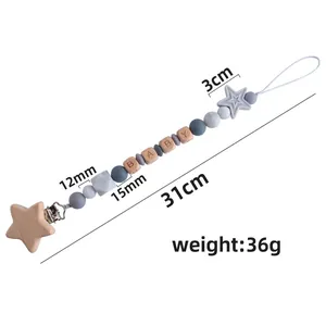 DIY silicone pacifier clip with beech wood star and grey marble beads for infants