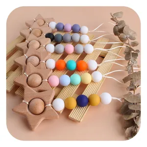 Creative beech wood star pendant with colorful silicone beads for DIY baby accessories