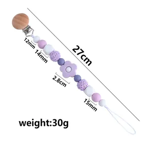 Silicone and beech wood pacifier clip with purple flowers and beads, 27cm length