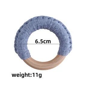Handmade wooden baby teething ring with blue crochet cotton wrap, 6.5cm diameter rattle