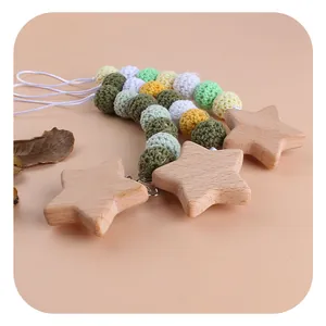 Handmade beech wood star pacifier clips with colorful crochet cotton beads for infants