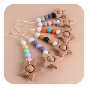 Creative beech wood star and colorful silicone bead baby teether toy pendants in six colors