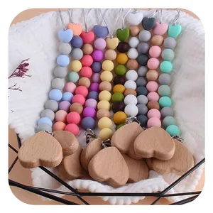 Beech Wood Silicone Pacifier Clip Heart Shape Handmade Baby Teething Beads Soother Chain Anti-Drop Dummy Holder For Infants