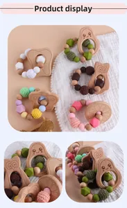 Detail von Baby Beißringen aus Buchenholz mit Avocado Silikonperlen und Häkeldetails