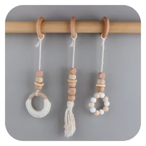 Jouets Suspendus de Dentition pour Bébé en Bois de Hêtre Perles en Silicone Gland en Coton Tissé à la Main pour Gymnastique