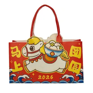 Sac fourre-tout rouge Année du Cheval 2026 avec cheval de dessin animé et motifs festifs